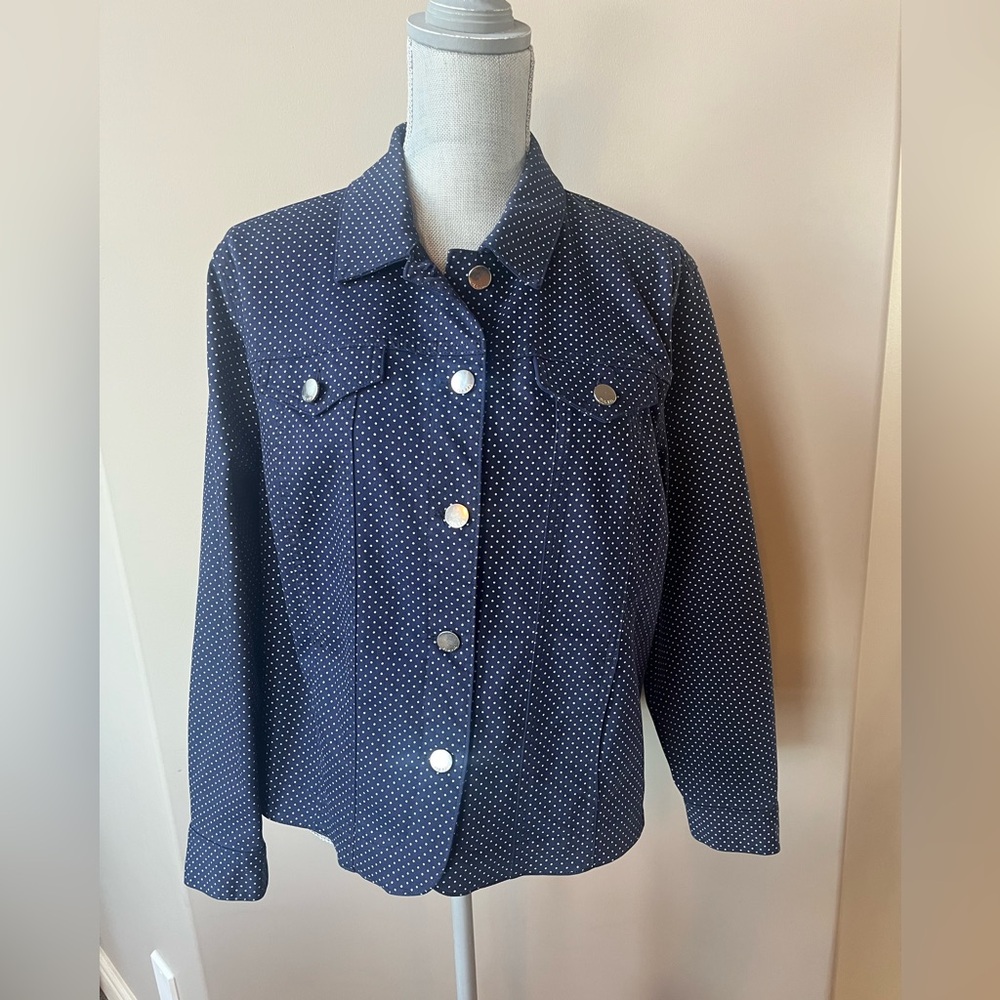 Navy Jean Jacket with white polka dot pattern
